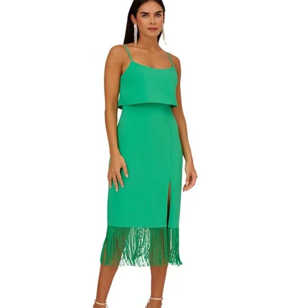 Aidan by Adrianna Papell Womens Fringed-Hem Midi Sheath Dress Green Size 12